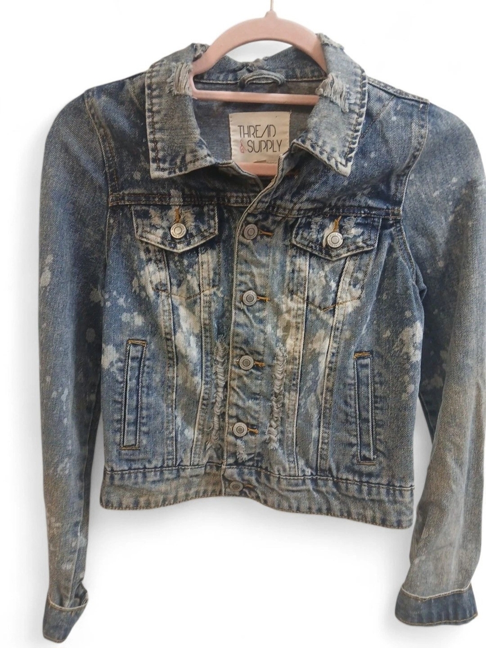 Thread & Supply Distressed Blue Jean Jacket with Bleach Accents